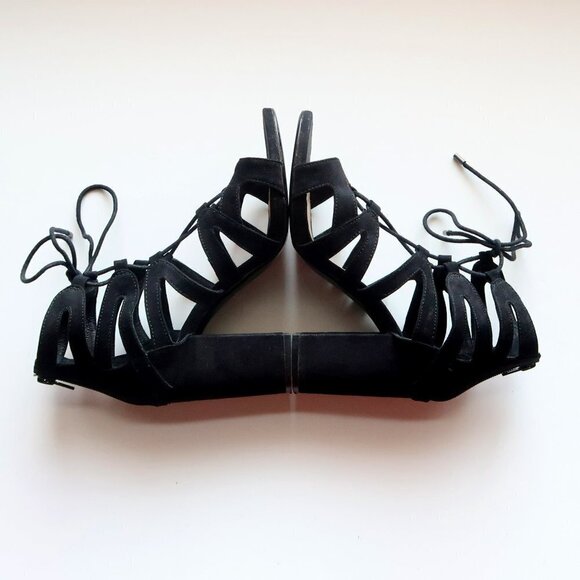 Steve Madden Black Suede Open Toe Lace Up Cut Out Block Heel Bootie Shoes Size 7 - Picture 9 of 14